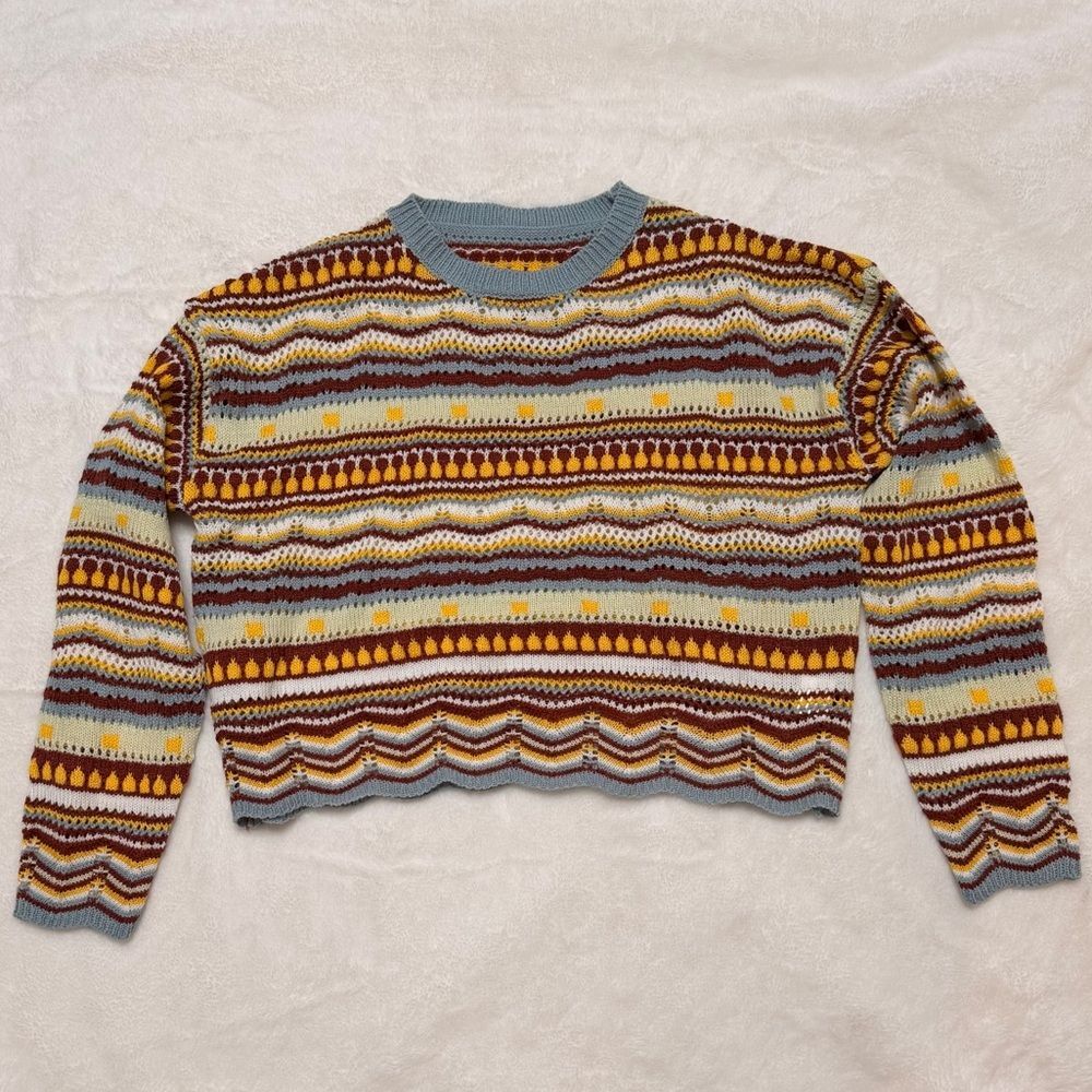 SHEIN Fair Isle Crop Sweater Multicolor Mustard Burgundy Blue Scalloped Hem Med